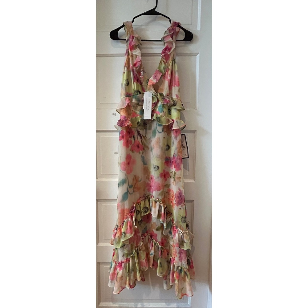 Adrianna Papell Floral Chiffon Ruffle High-Low Maxi Dress Green Pink 10 NEW $245